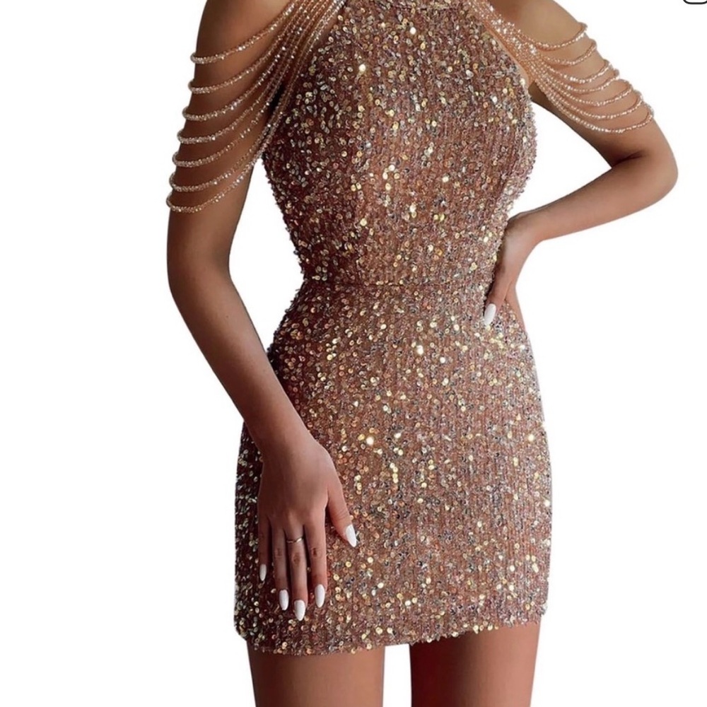 Beaded shoulder sequin Mini Dress